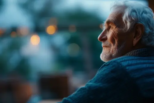 A resident at a senior living community watches the sunset while sitting on a a patio, in reflection.
