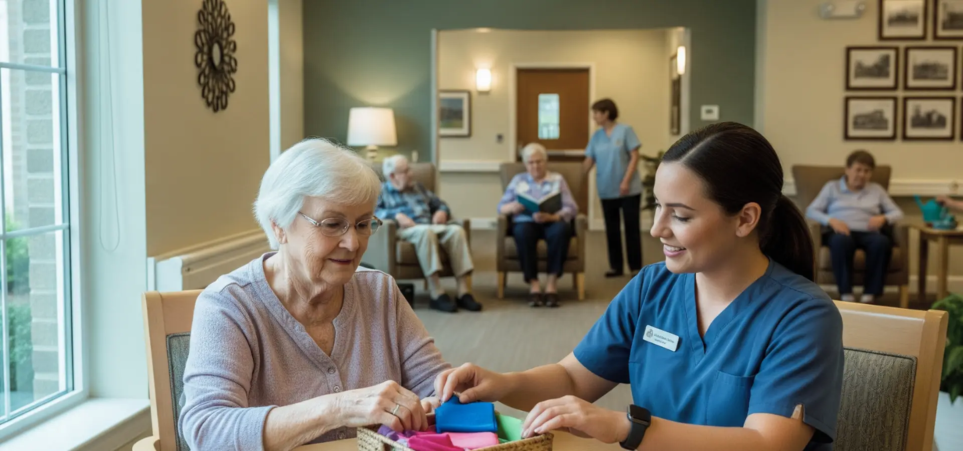 Interactive activity between caregiver and resident in a memory-focused senior living community.