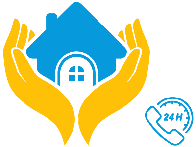 An icon of hands cradling a house, with a 24/7 call symbol, representing the personalized nature of home care services.
