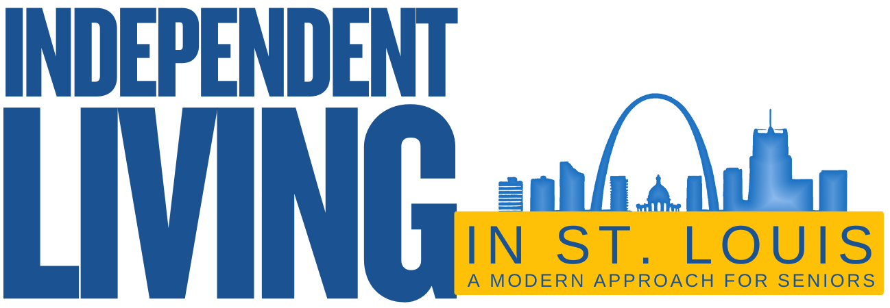 Header image for 'Independent Living in St. Louis' article with bold blue text and a skyline featuring the Gateway Arch.