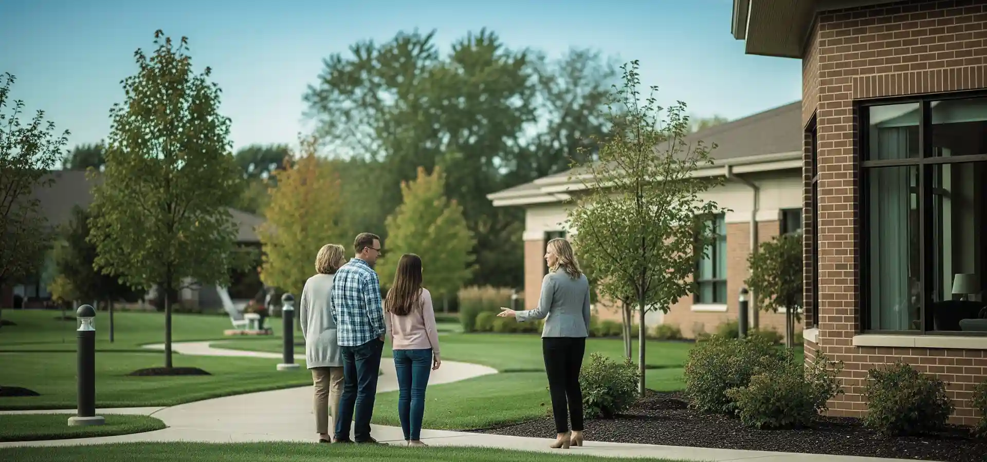 Family walks with a community representative who is explaining the senior living community campus during a tour.