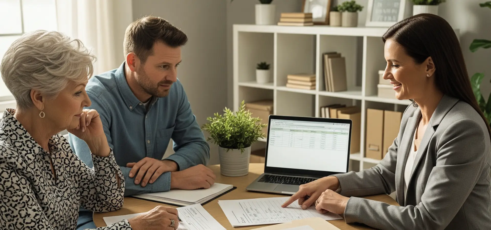 Family reviewing costs and paperwork with a family while discussing Medicaid and senior living options.