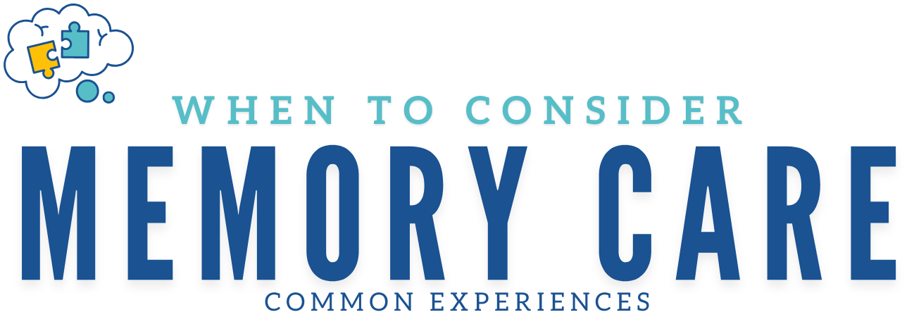 Banner featuring a thought bubble with puzzle pieces, symbolizing memory care, alongside bold, blue text.