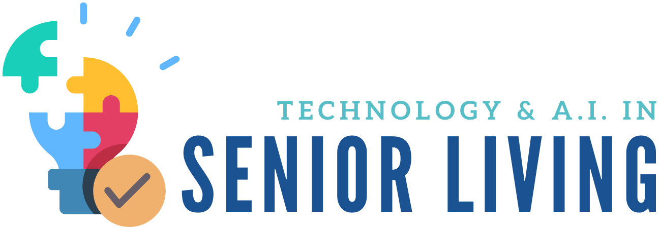 Banner featuring a colorful lightbulb icon symbolizing innovation, paired with bold text highlighting tech in senior living.