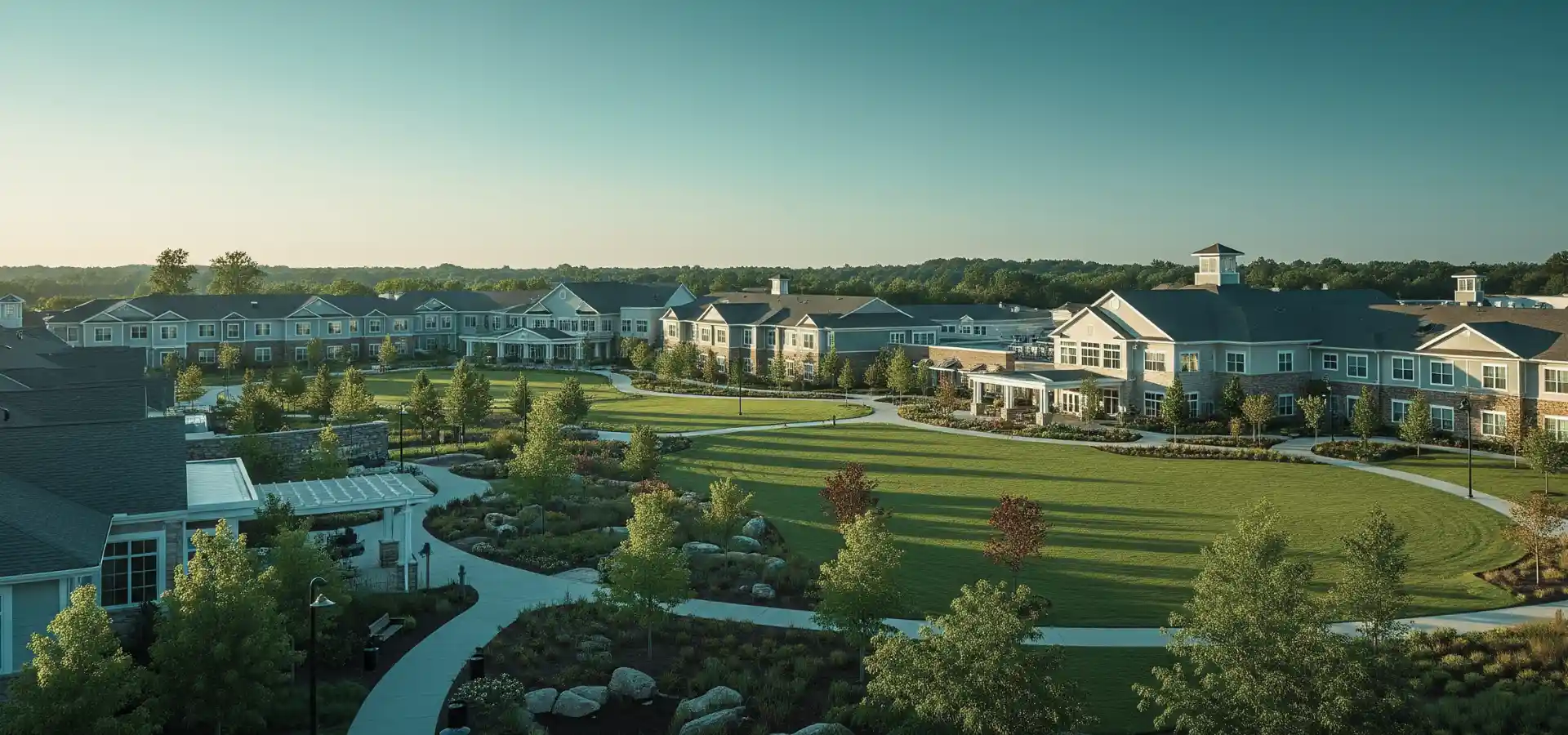 Wide view of a large, midwestern senior living community with landscaped grounds and multiple connected buildings.