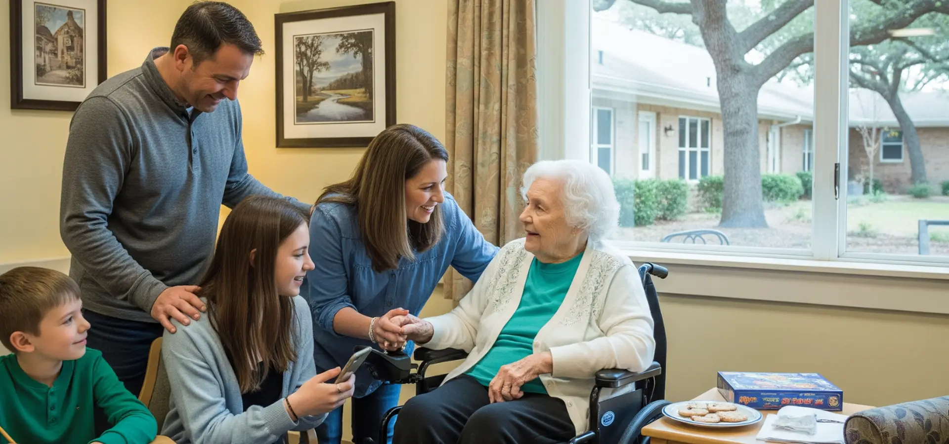 Family visiting a loved one in a care setting while exploring skilled nursing and alternative options.