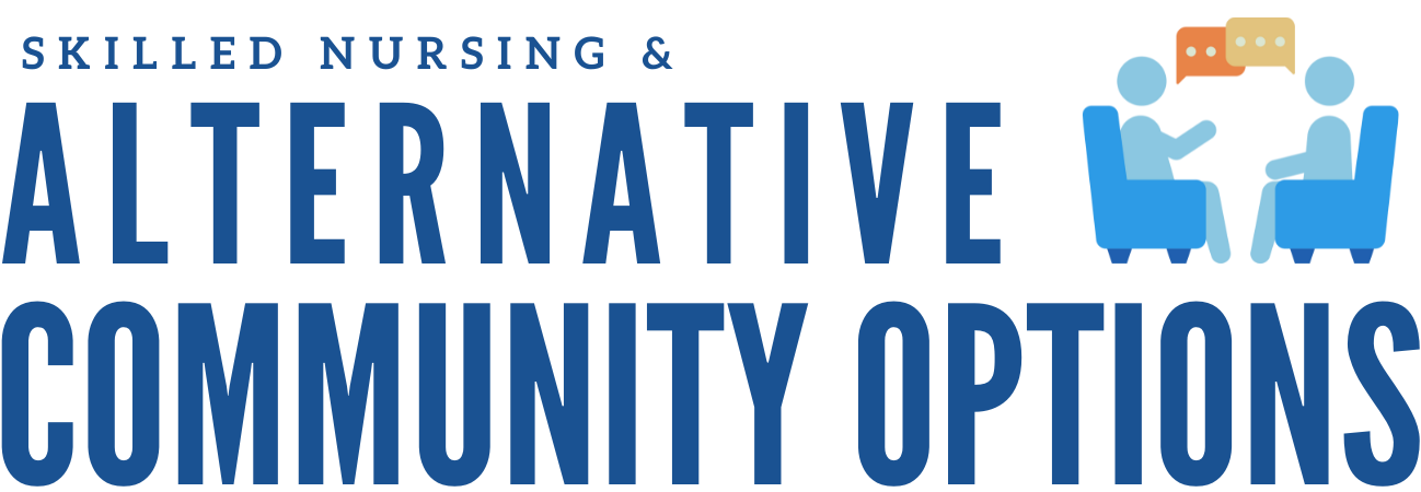 Blue banner reading: 'Skilled Nursing & Alternative Community Options' with two stylized figures conversing.