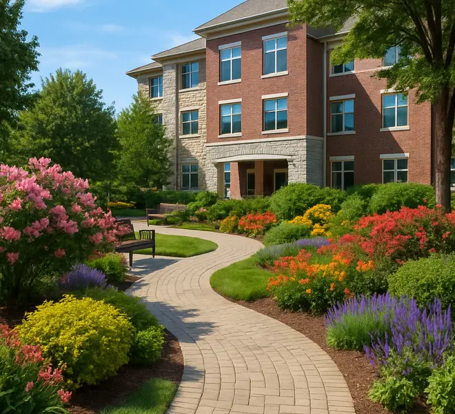 A sunny senior living community courtyard, with a brick path through flowers leading to a brick-and-stone building facade,