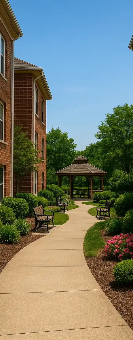 Landscaped courtyard with a winding path, flowers, and a gazebo between brick assisted living buildings in Overland Park, KS
