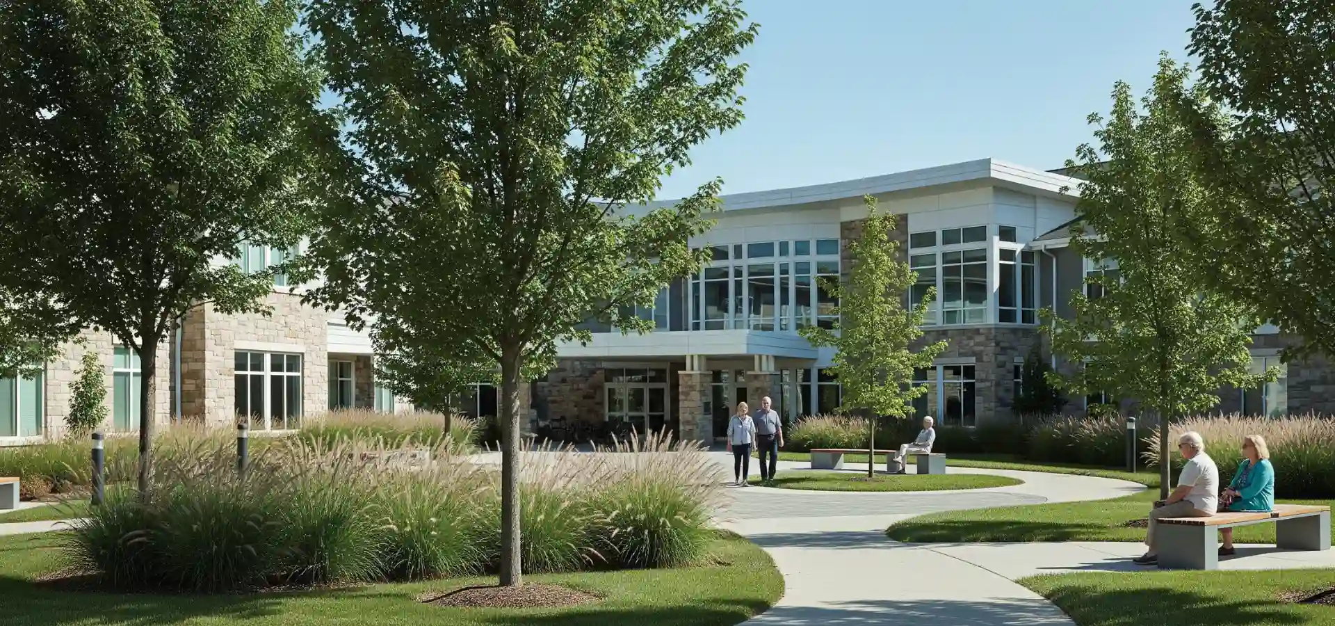 Charming Overland Park senior community featuring brick architecture, garden paths, and residents enjoying the outdoor seating.