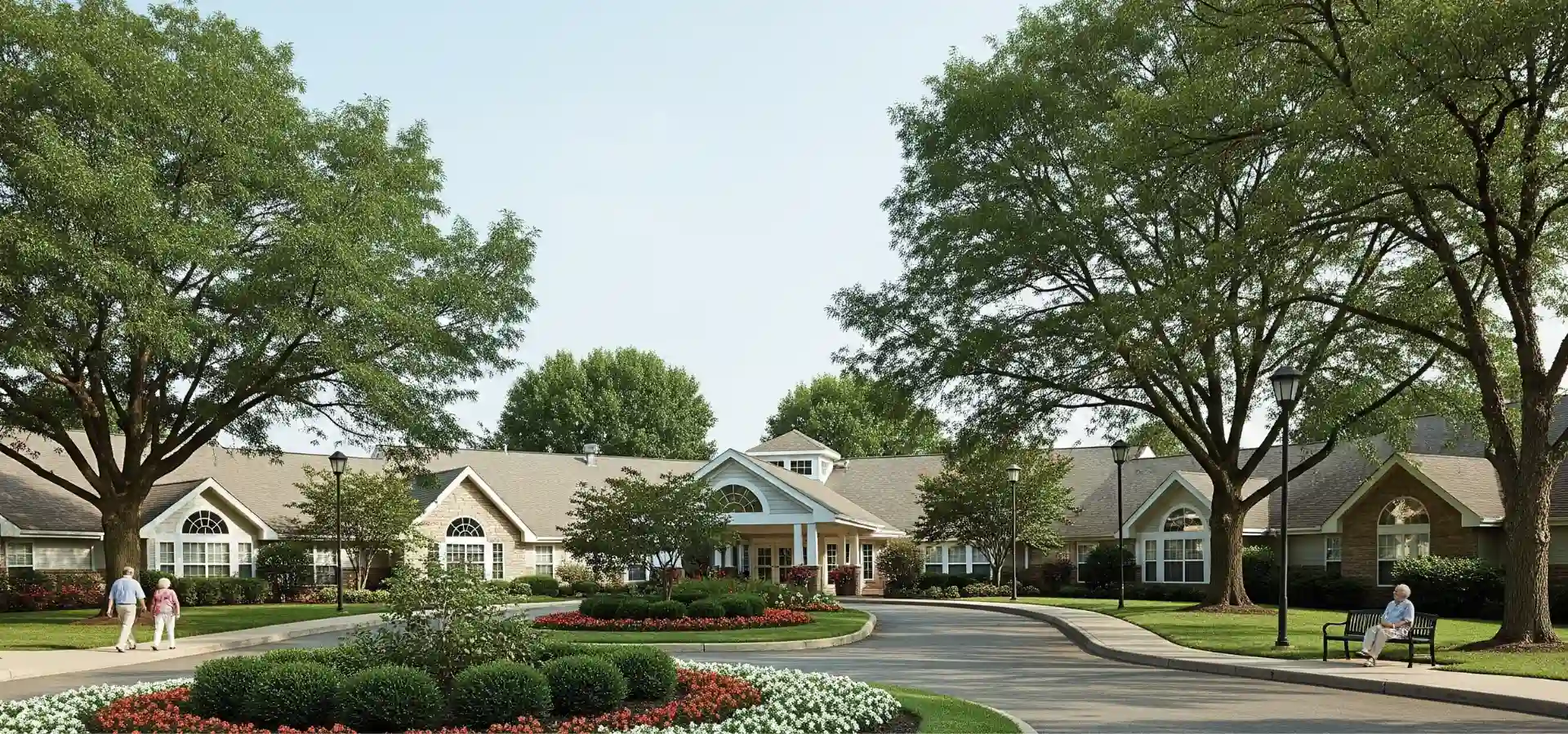 Peaceful courtyard at a South County, St. Louis senior community with shaded walkways and residents enjoying the grounds.
