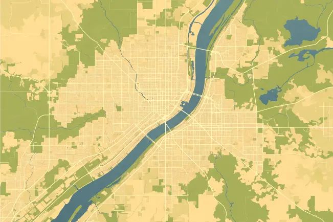 Stylized map of the St. Louis metro area showing both Missouri and Illinois regions used for the Senior Living Search Partners service area.