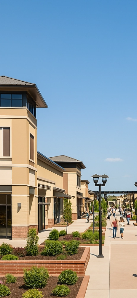 Outdoor shopping plaza in Chesterfield, a popular amenity near West County senior living communities.