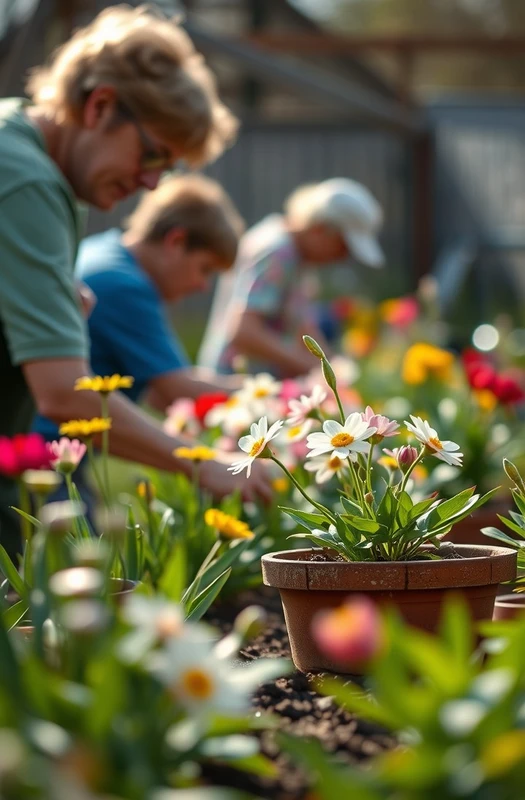 Seniors enjoying a gardening club activity at a West County senior living community with spring flowers in bloom.