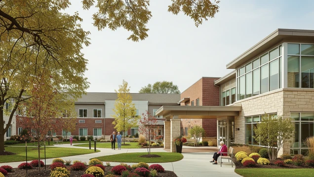 Inviting West County senior living community courtyard with fall landscaping, garden seating, and residents walking the campus.