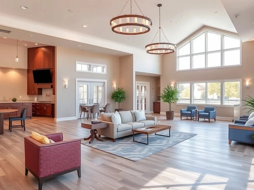 Spacious assisted living foyer with comfortable seating and natural light.