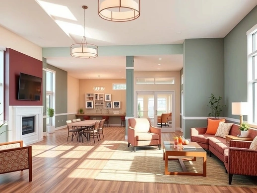 Welcoming nursing home lobby with seating areas and home-like atmosphere.