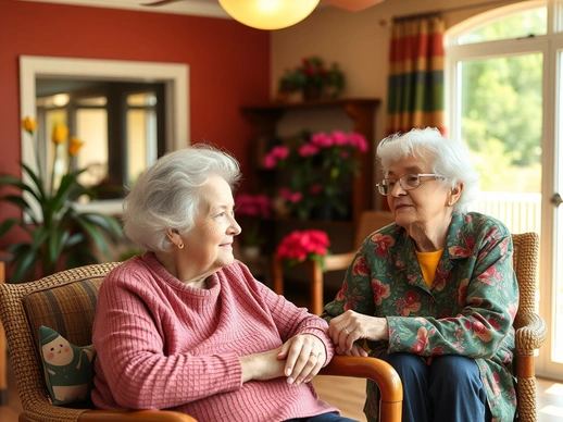 Two seniors chatting in a cozy living room during home care visit.
