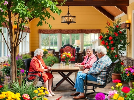 Retirement community patio with vibrant flowers and seniors enjoying outdoor seating.