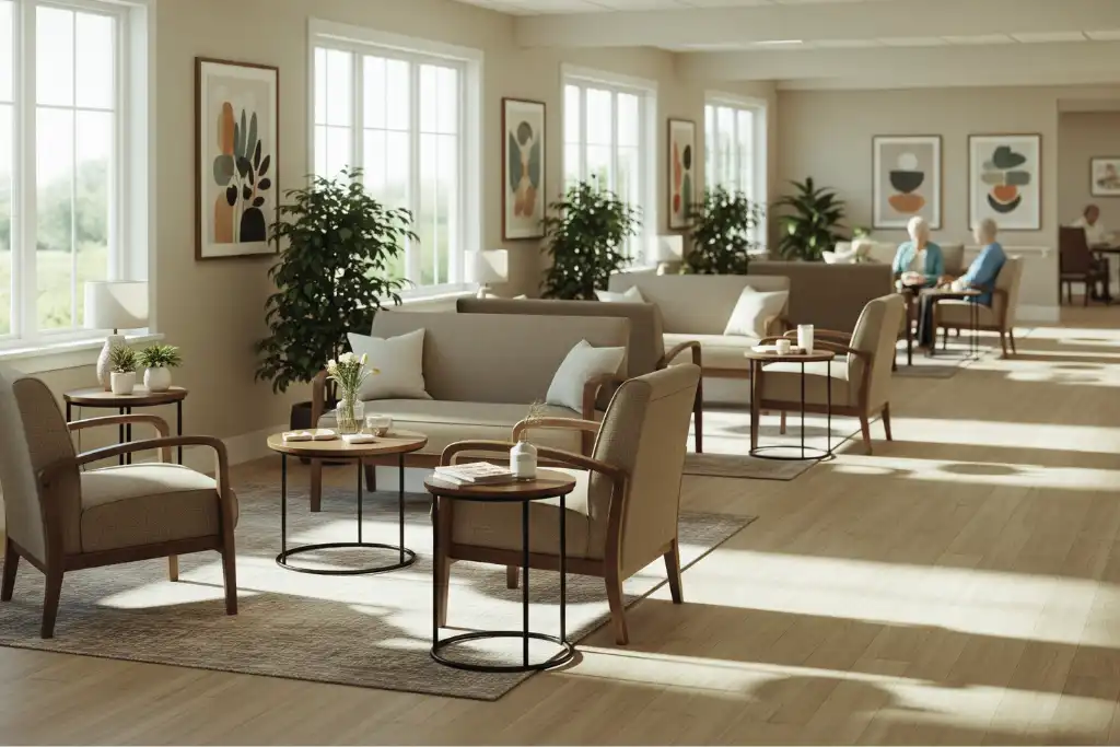 A modern assisted living community sitting room, with natural light entering the windows.