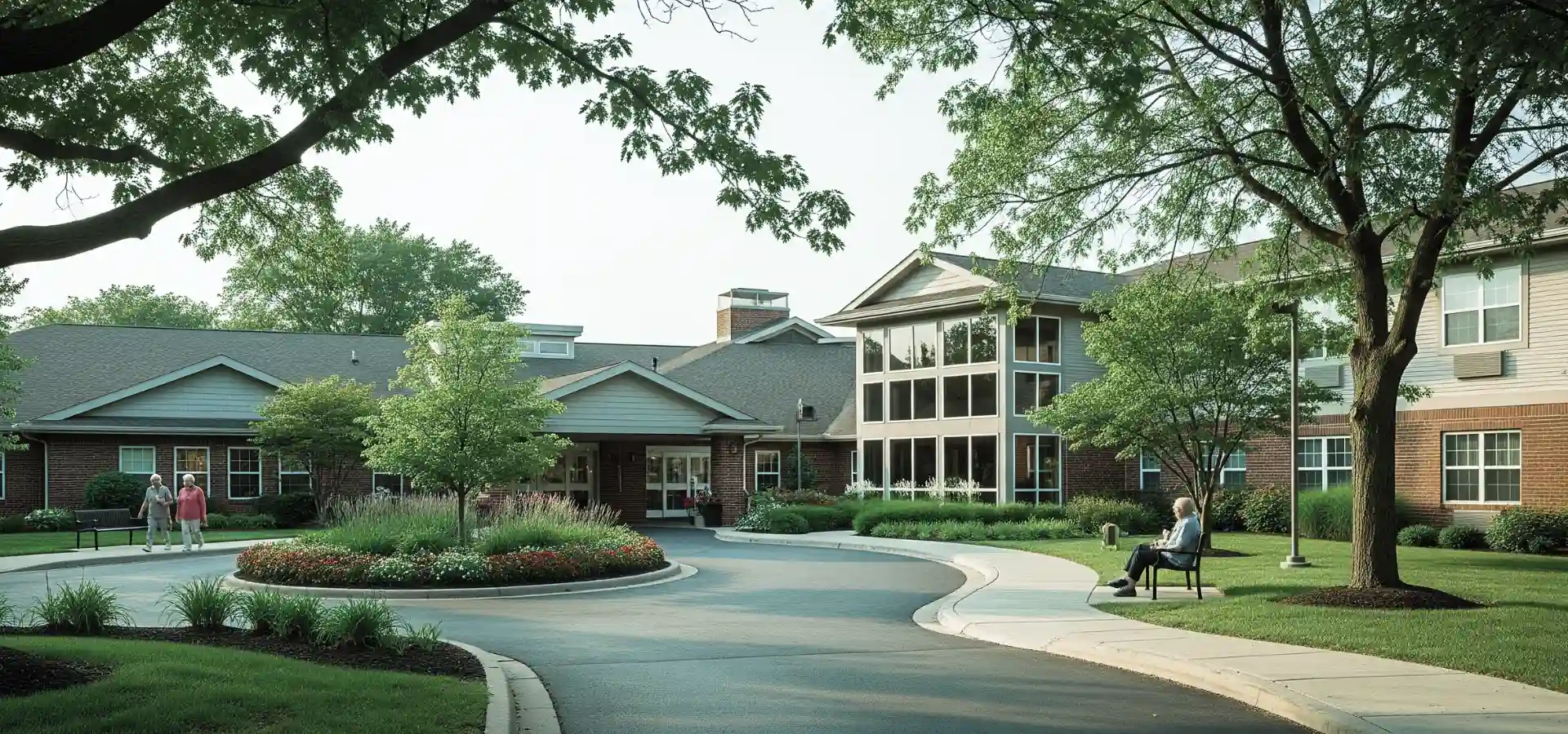 A senior living facility entrance with landscaped gardens and residents walking outside.
