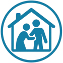A blue, circular icon depicting an indivdual living in a local Assisted Living Facility.