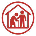 A red, circular icon, depicting a senior and a caregiver, symbolizing nearby Nursing Homes.