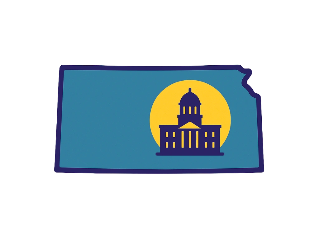 Kansas outline with state capitol dome silhouette against a golden sun.