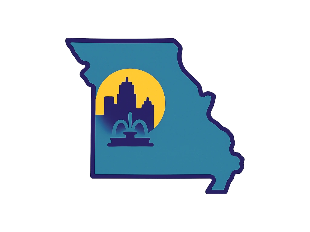 Missouri outline with Kansas City skyline and fountain icon before a sun.
