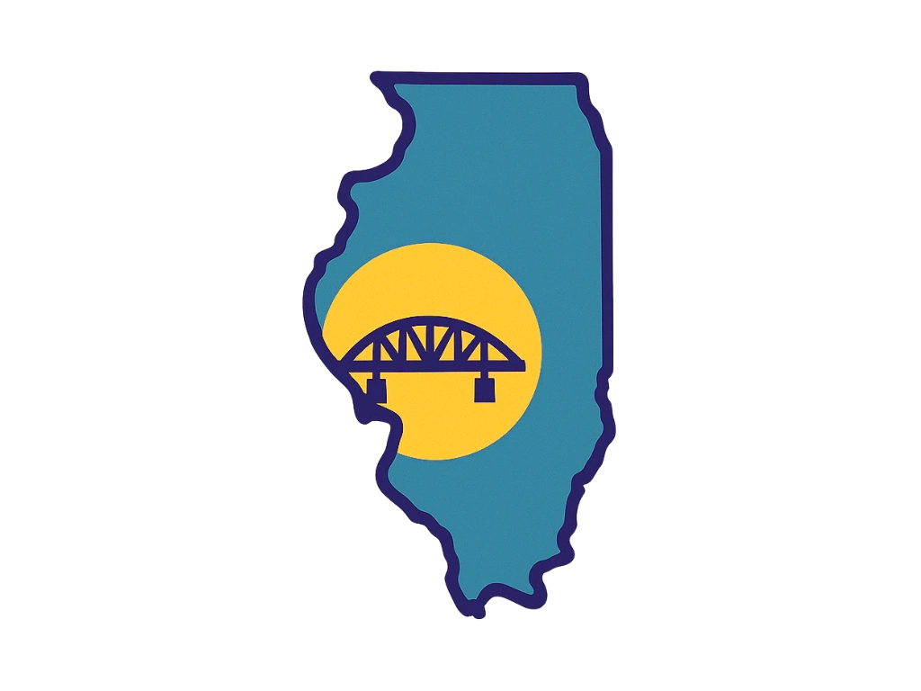 Illinois outline with river bridge silhouette against a golden sun.