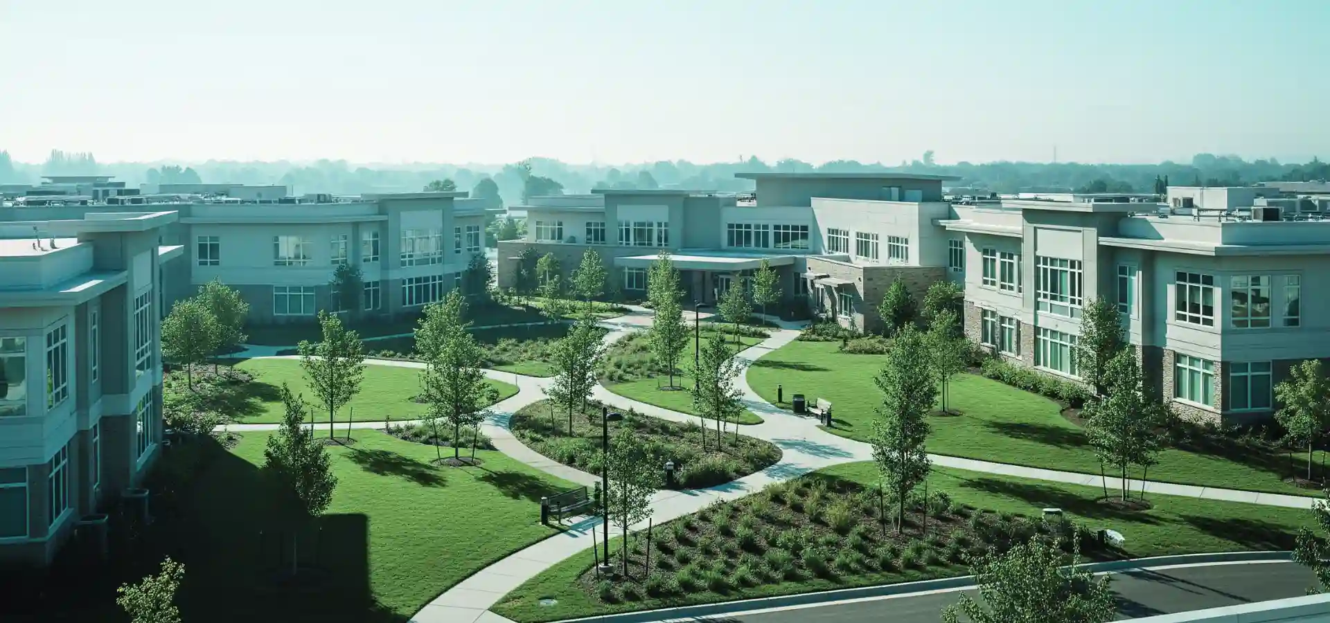 Entrance of a modern, midwestern senior living community with brick buildings, trees, and walking paths.