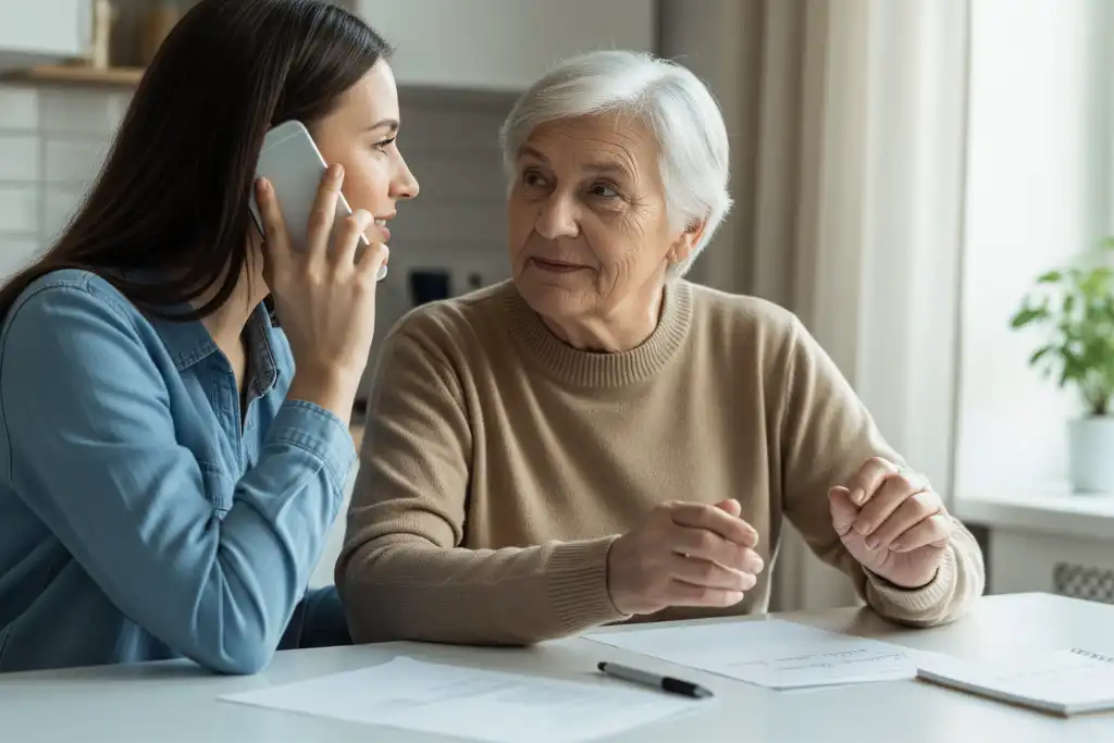 An employee with a private-duty home care service assists a senior in their home.