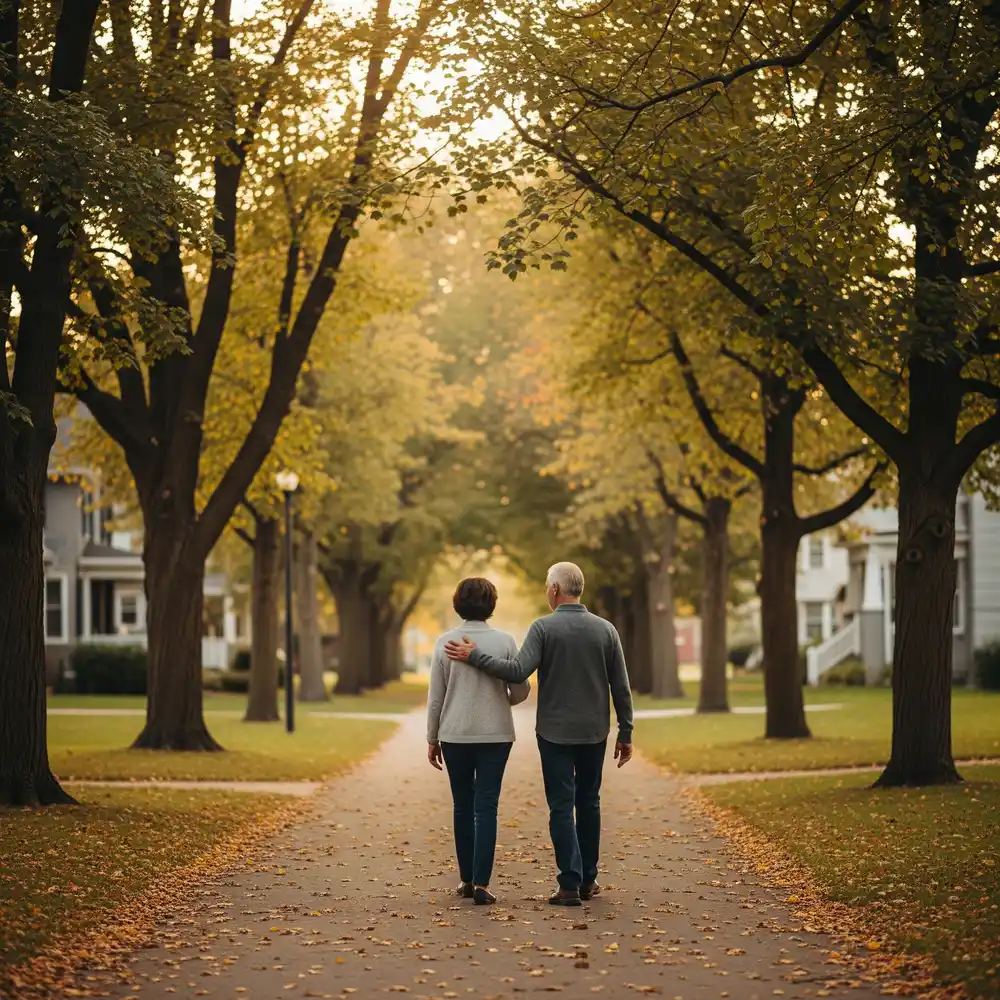 Older couple walking arm in arm through a peaceful neighborhood, symbolizing comfort and supportive guidance.