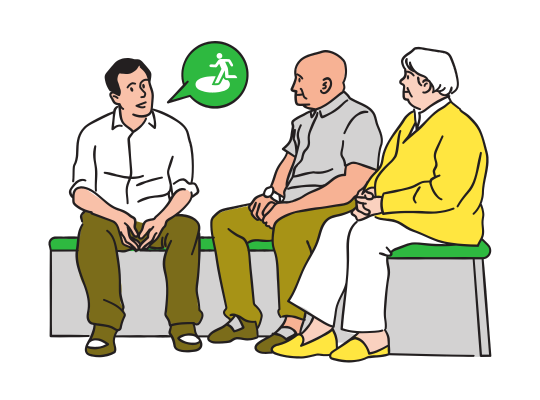 An adult and two seniors, with one man gesturing and a green speech bubble displaying an icon of a person walking.