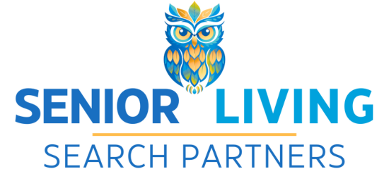 Senior Living Search Partners logo with a stylized blue and yellow owl above the company name in bold, modern blue and yellow text.