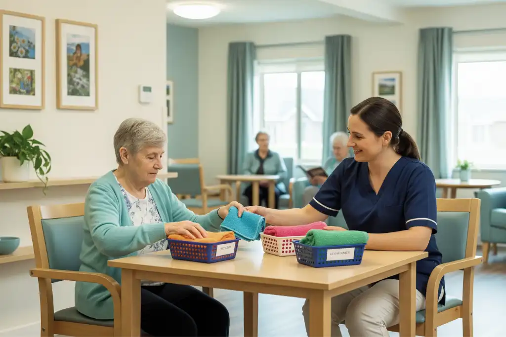 Senior resident engaged in cognitively stimulating activities, at a table with a specially trained caregiver.